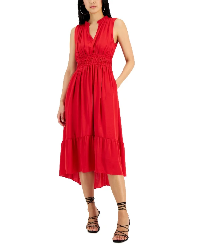 Women's Split-Neck Sleeveless High-Low Midi Dress