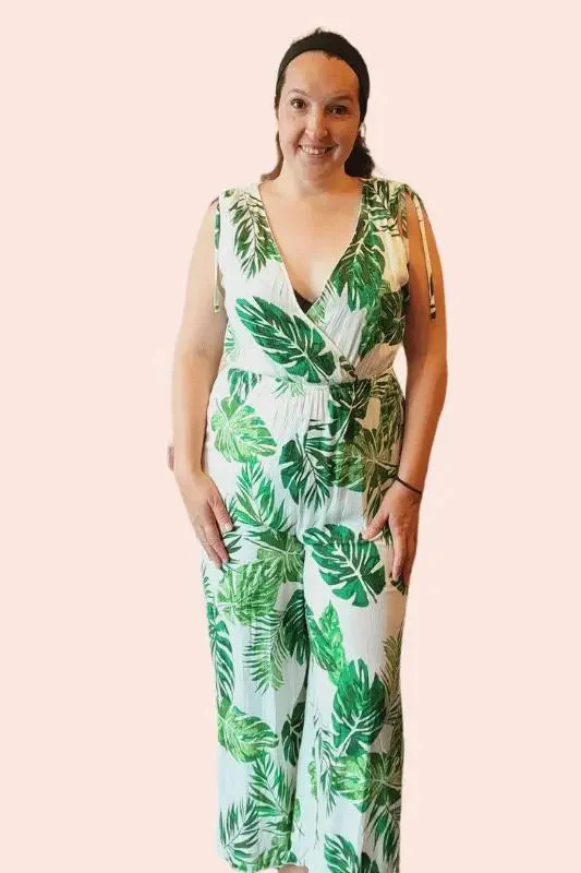 Women's Tropical Leaf Print Jumpsuit - Bohemian Vacation Vibes