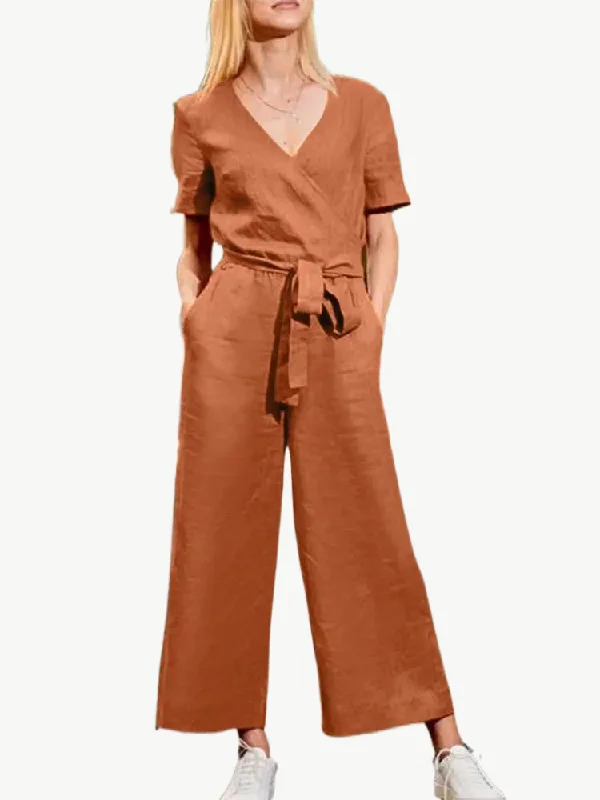 Pumpkin Spice V-Neck Cotton Womens Jumpsuit